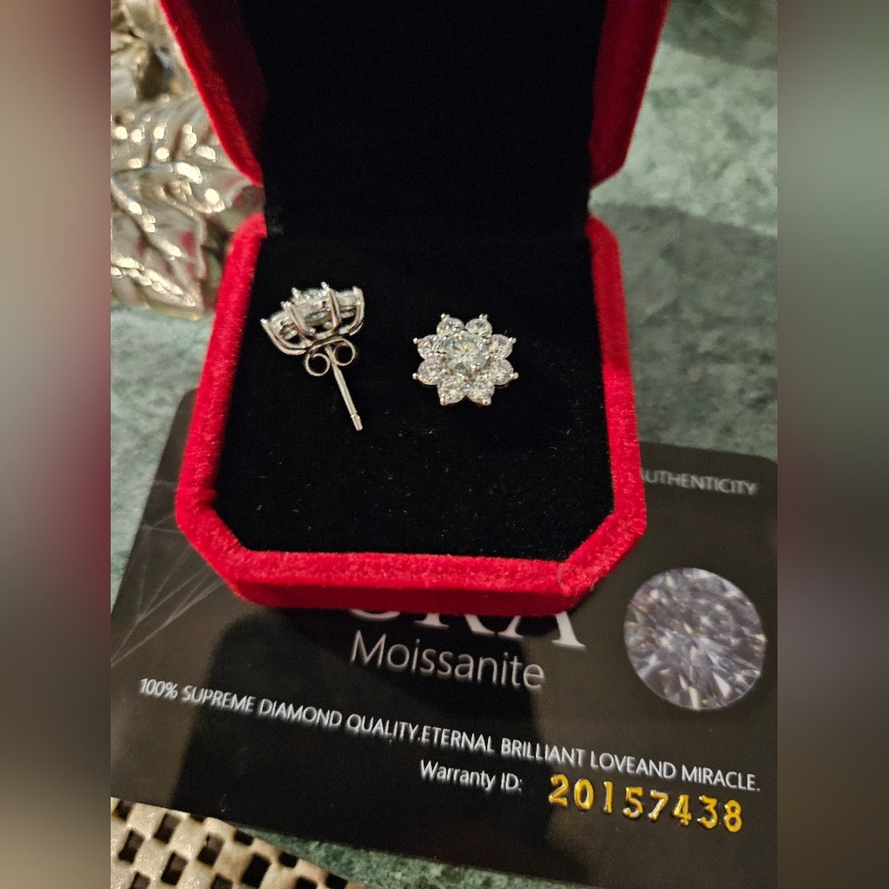 Moissanite Earrings 18K White Gold Plated D Color - Picture 3 of 5
